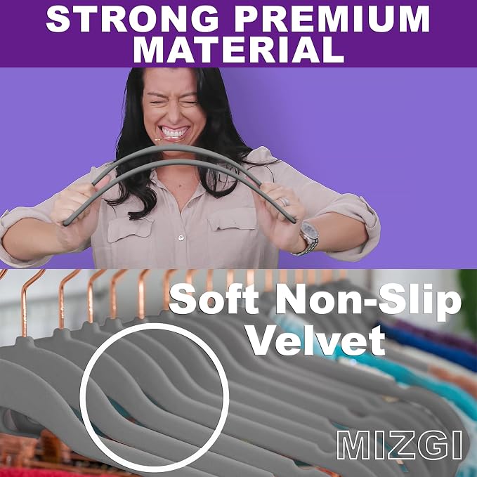 MIZGI Premium Velvet Hangers Heavy Duty Non Slip Felt Hangers Gray, Rose Gold - Image 2