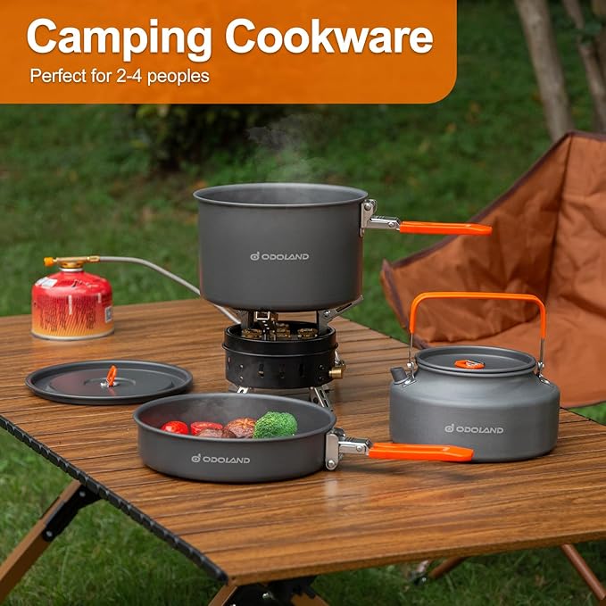Odoland Camping Cookware Mess Kit, Camping Cooking Pot Fry Pan and 1.1L Kettle - Image 6