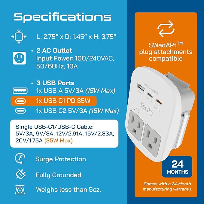Ceptics Universal Travel Adapter Kit – 2 USA sockets, 1x PD 35W USB-C and USBC - Image 4
