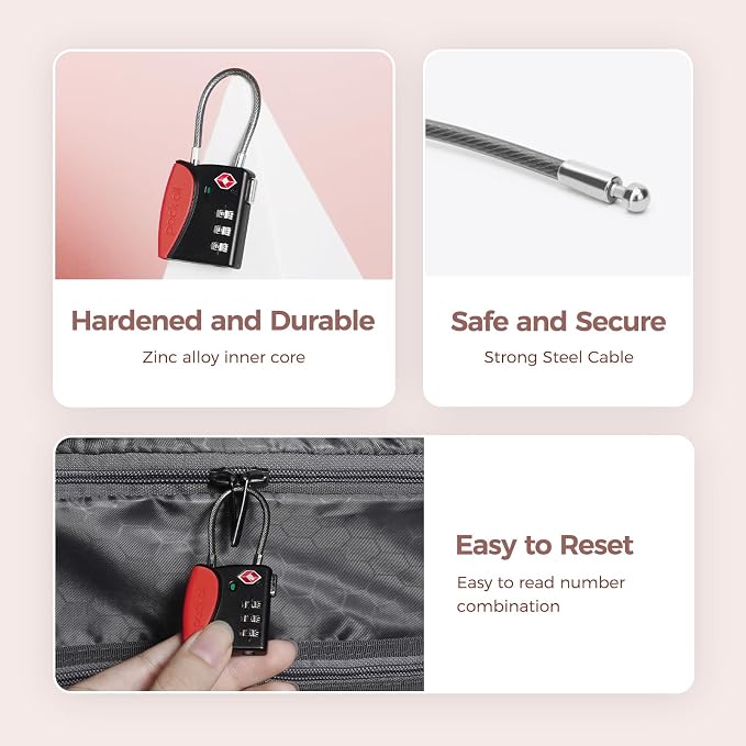 pack all TSA Approved Cable Luggage Locks, 3 Digit Combination Padlocks - Image 5