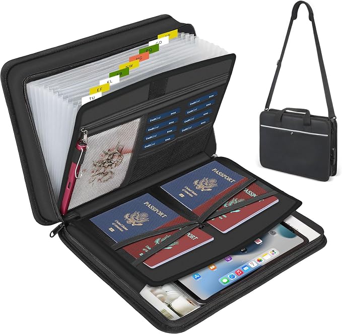 Accordion File Organizer with Lock and Shoulder Straps, Fireproof Waterproof by XIAODUN