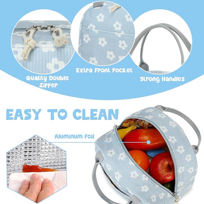 Bluboon Lunch Bag for Women Men Cute Corduroy Lunch Tote Bags Reusable - Image 4