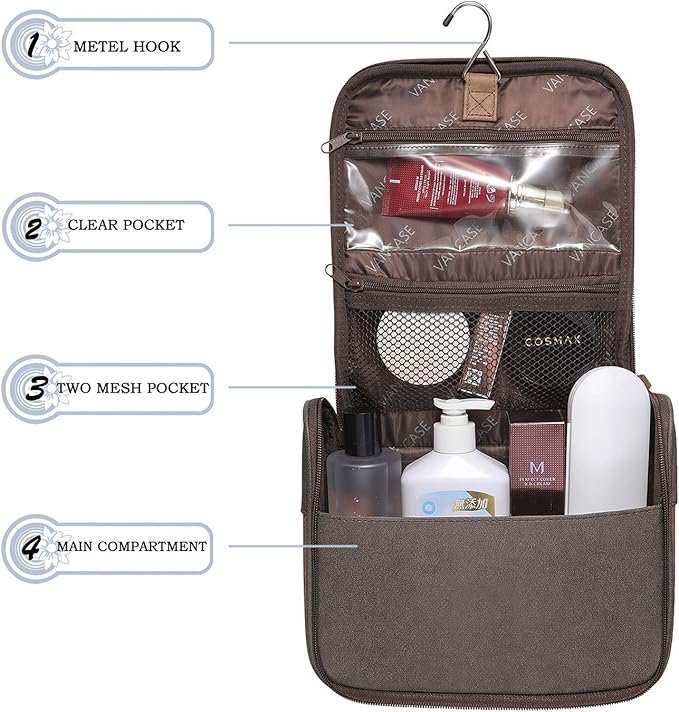 Hanging Toiletry Bag for Men VANCASE Vintage Leather Shaving Dopp Kit Medium - Image 3