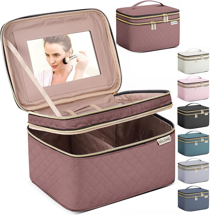 Large Makeup Bag with Mirror Double Layer Travel Make Up Organizer Case by HXLGMD