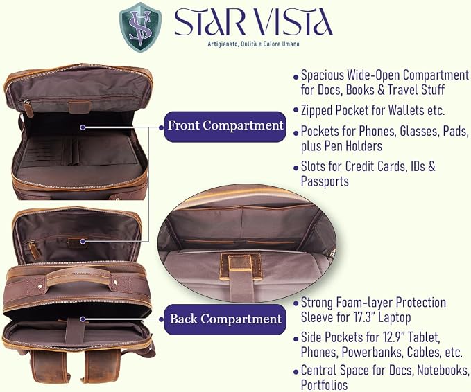 STAR VISTA Angelo 17.3" Vintage Full Grain Leather Laptop Backpack - Image 7