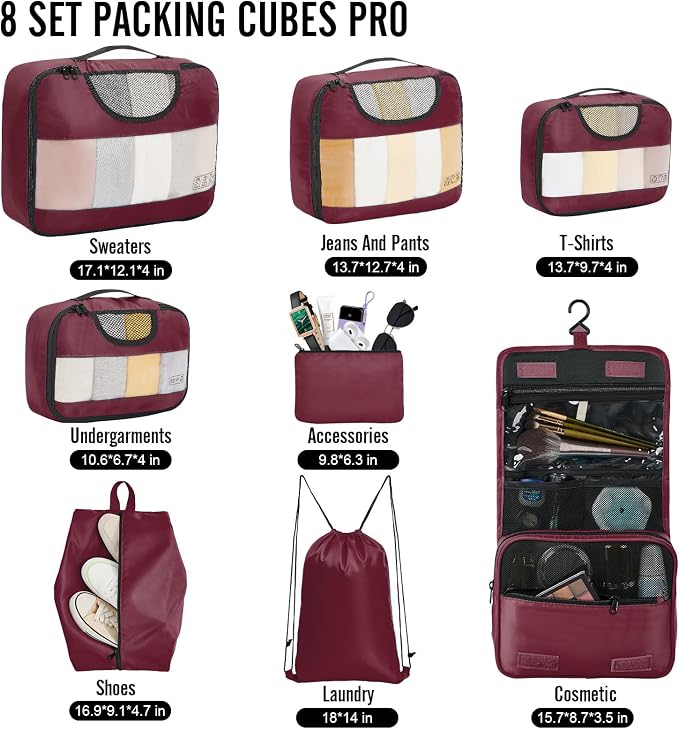 Veken 8 Set Packing Cubes for Travel Essentials, Suitcase Organizer Bags in 4 - Image 2