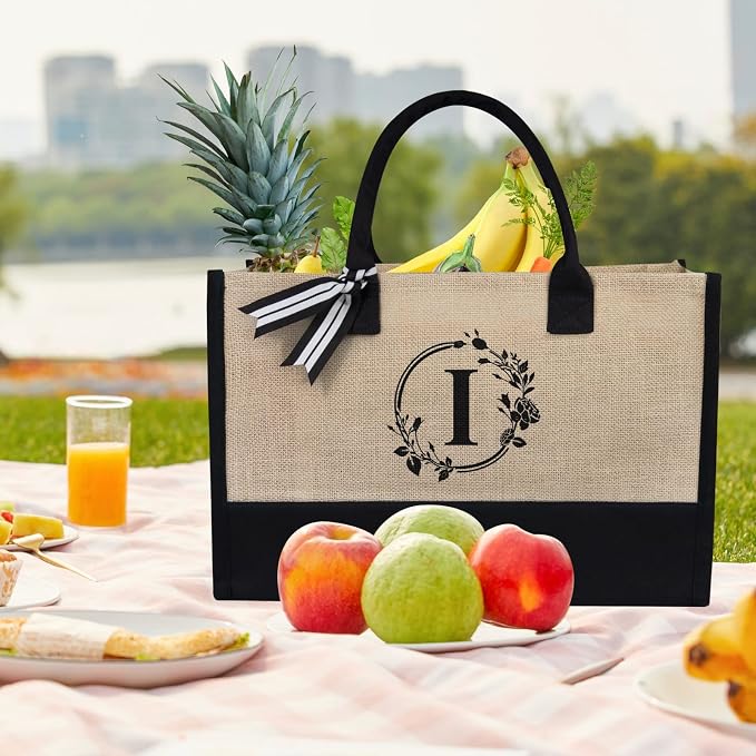 TOPDesign Personalized Initial Jute/Canvas Beach Bag, Monogrammed Gift Tote Bag - Image 3
