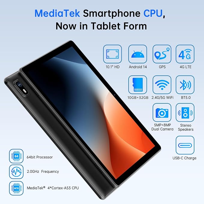 HAOVM Android 14 Tablet 10.1 Inch, 4G SIM Unlocked, Quad-Core CPU 2.0GHz - Image 2