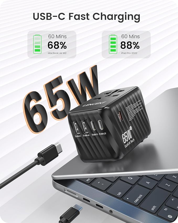LENCENT International Travel Adapter, 65W GaN3 Universal Fast Charger - Image 2