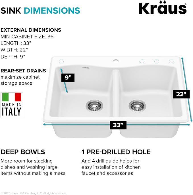 KRAUS Forteza 33-inch Granite Drop In/Undermount 50/50 Double Bowl White - Image 5