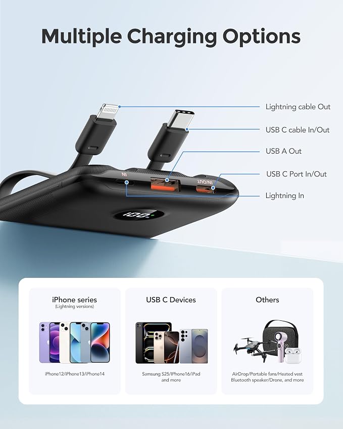 Mini Portable Charger with Built-in Cables 22.5W Fast Charging Power Bank USB-C - Image 6