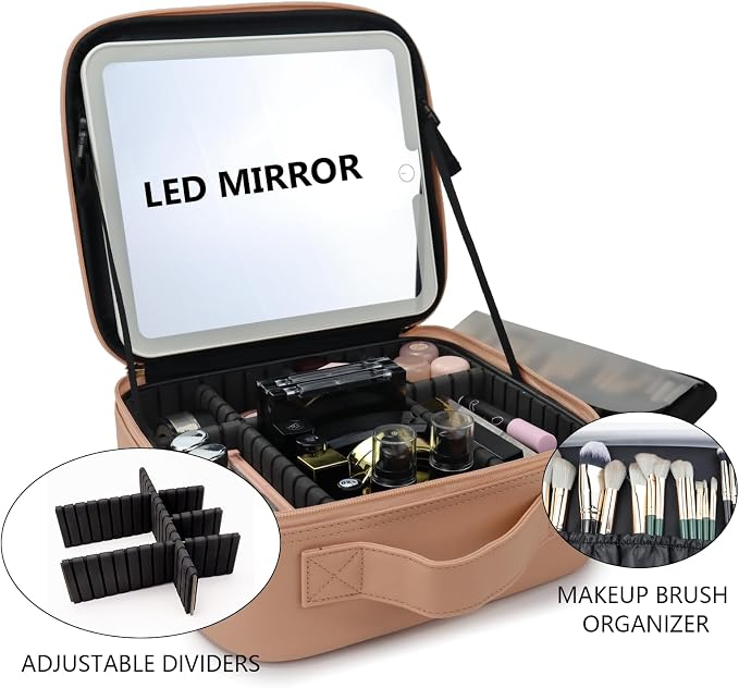Travel Makeup Bag with LED Mirror Travel Makeup Organizer with 3 Lighted - Image 8