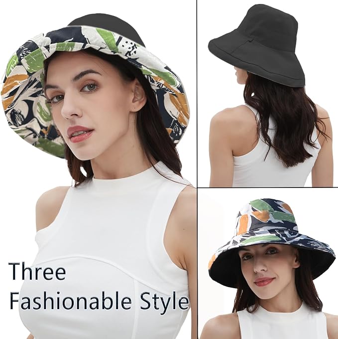 vidsel Womens Sun Hats Wide Brim Reversible Bucket Cotton Hat Packable Summer - Image 6