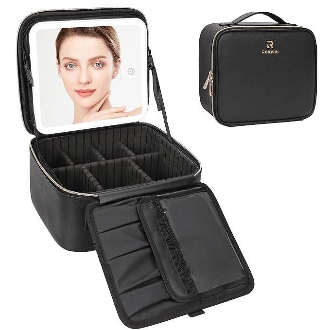 Relavel Travel Makeup Bag With LED Mirror, Cosmetic Train Case with Light up - Image 9