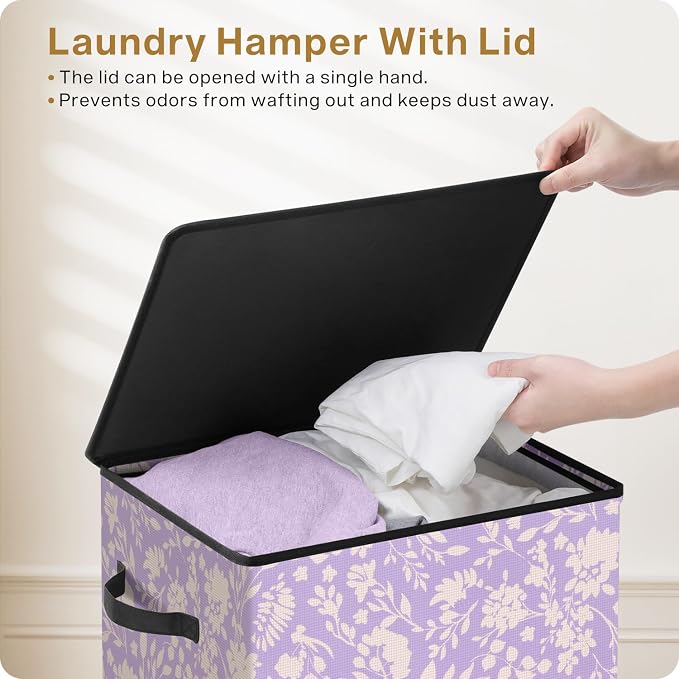SOLEDI Laundry Hamper with Lid, 90L Tall & Large Floral Laundry Basket - Image 3