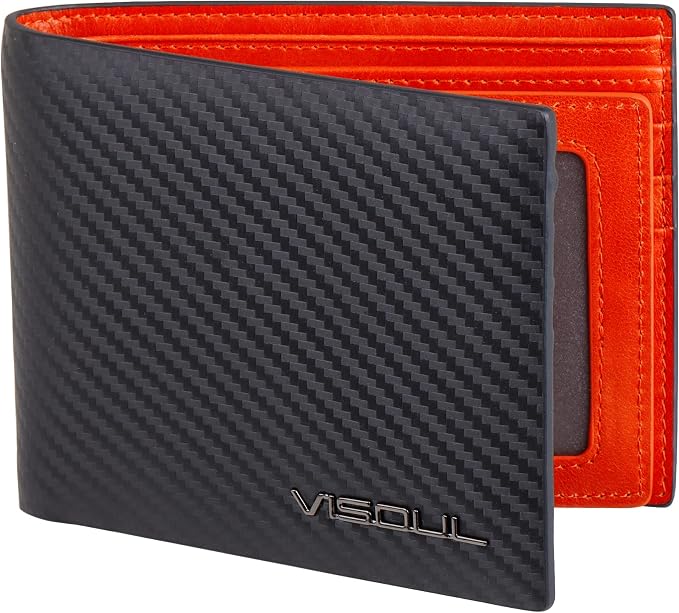 VISOUL Mens Bifold Wallet with 2 ID Windows Carbon Fiber Leather, RFID Blocking by VISOUL