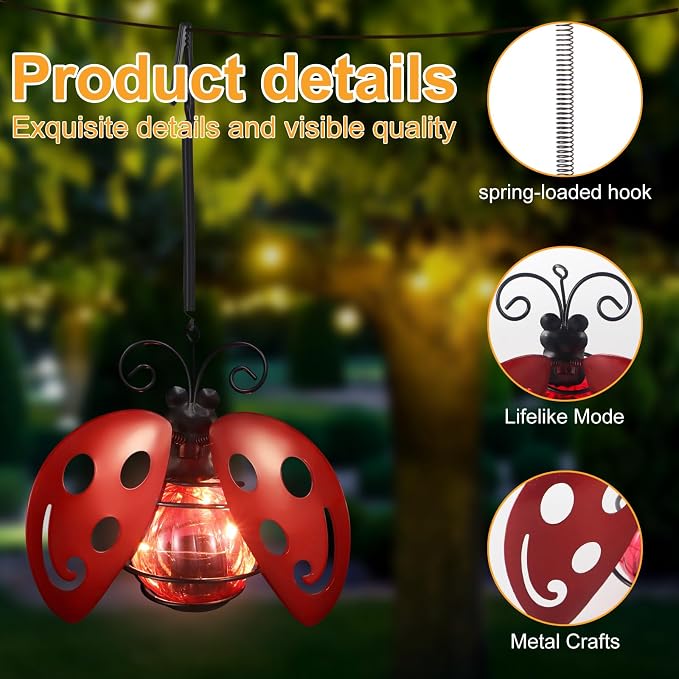 2 Pack Lady Bug Solar Outdoor Hanging Lantern Creative Small Sculpture Lights - Image 6