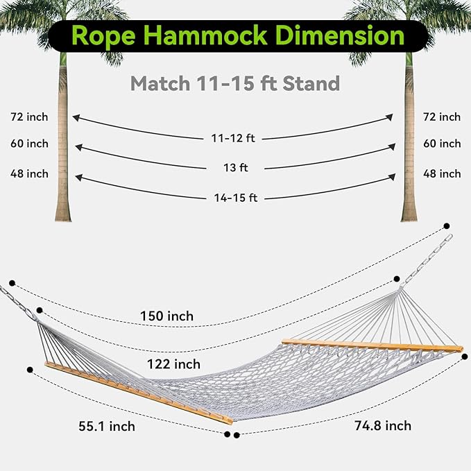 Double Hammock for 2 Person, Handwoven Cotton Rope Hammock - Image 6