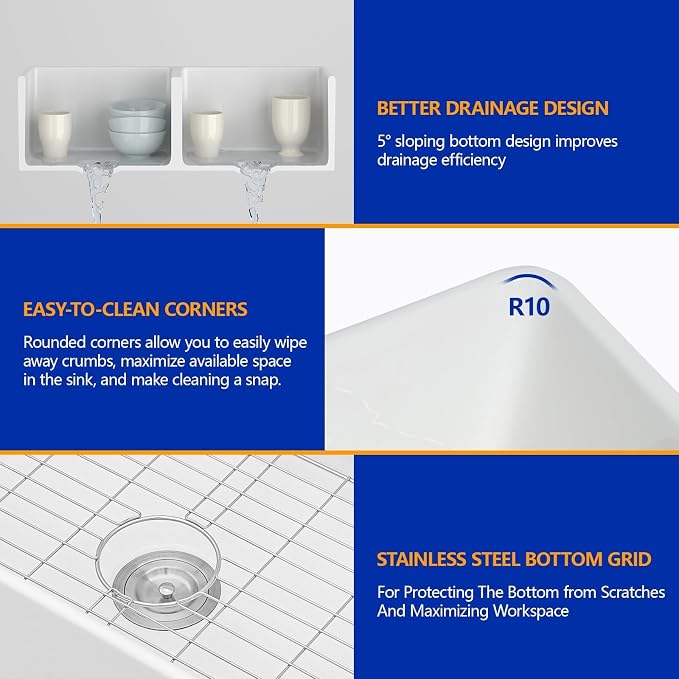 Dcolora Double Bowl Farmhouse Kitchen Sink Reversible Front Apron White - Image 7