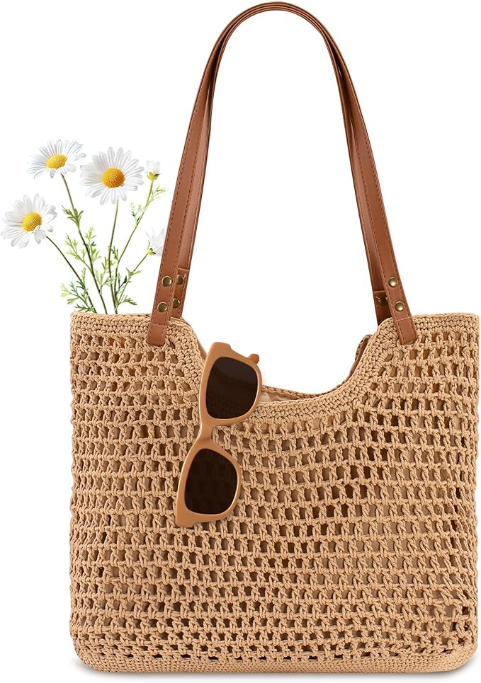 Peicees Crochet Beach Bag For Women Summer Tote Bag Boho Shoulder Bag by Peicees