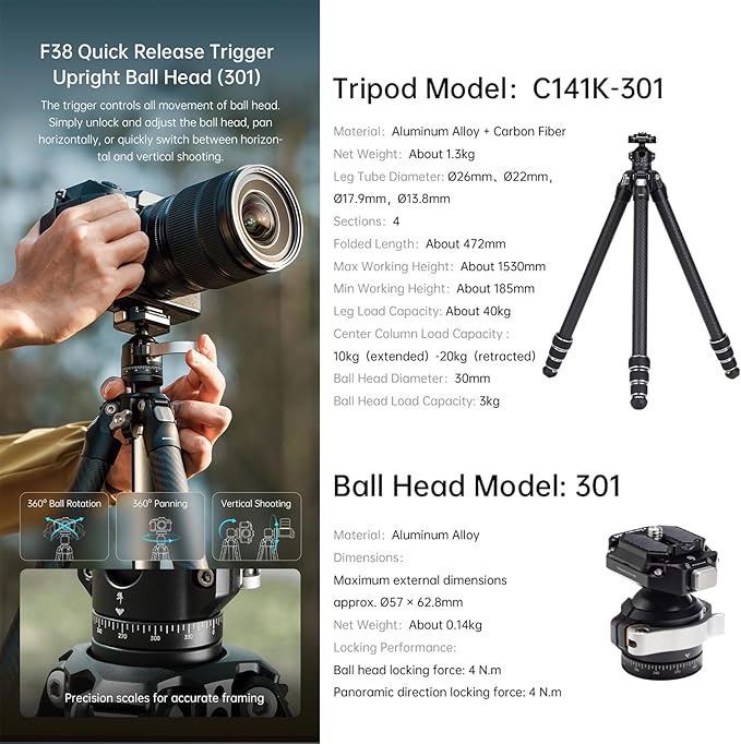FALCAM TreeRoot F38 Quick Lock Lite Carbon Fiber Travel Tripod - Image 5
