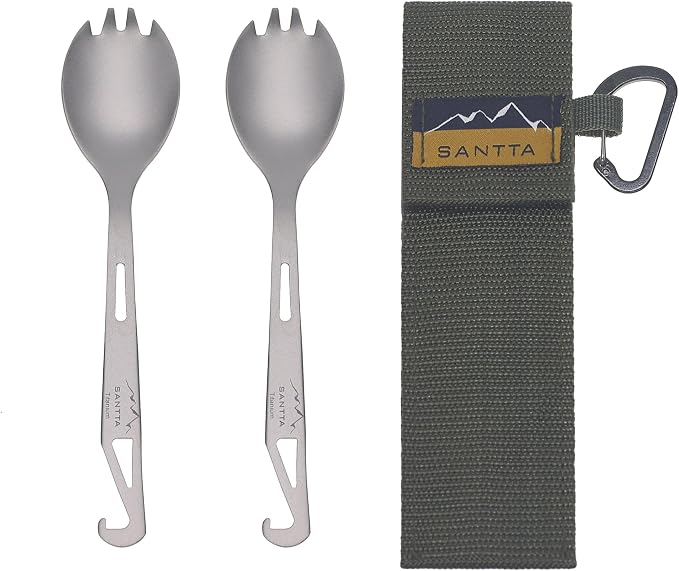 SANTTA Titanium Camping Spork Set of 2 Piece, Spoon Fork and Bottle Opener 3 in by SANTTAOUTDOOR
