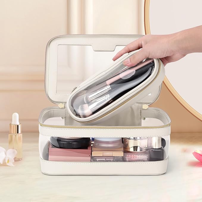 Travel Clear Makeup Bag with Makeup Brush Bag, Leather Make up Case Toiletry Bag - Image 7