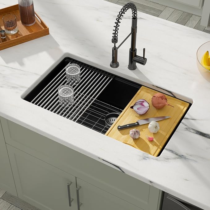 Dcolora 33 inches Granite Composite Kitchen Sink Workstation Black Undermount - Image 2