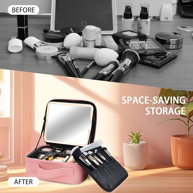 Makeup Bag with Led Mirror, Travel Makeup Organizer with 3 Color Setting - Image 7
