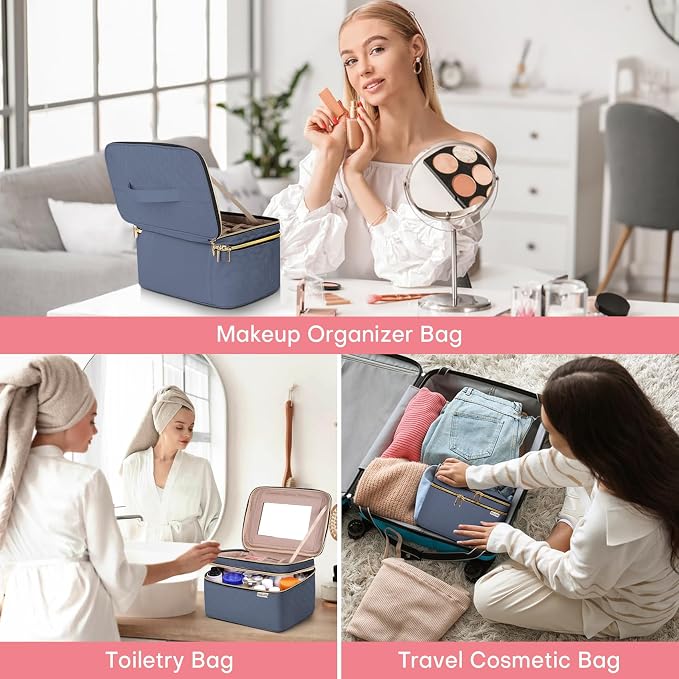 Large Makeup Bag with Mirror Double Layer Travel Make Up Organizer Case - Image 5