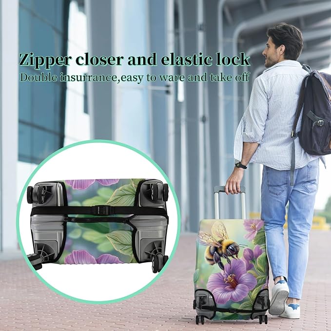 Luggage Cover + Tag, Bee Purple Flowers Travel Suitcase Cover - Image 5