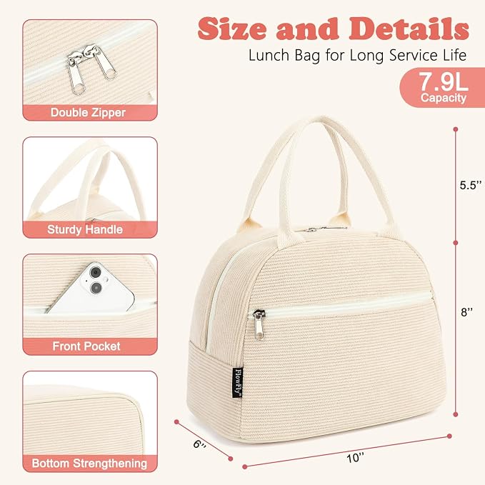 FlowFly Lunch Bag for Women Insulated Lunch Box Corduroy Lunch Tote Cooler for - Image 3