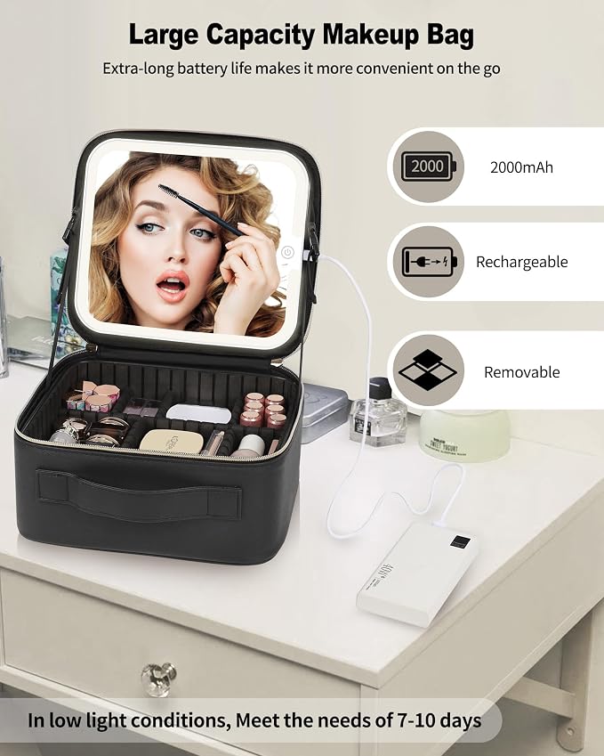 Makeup Bag With LED Mirror, Travel Makeup Case with Light up Mirror Large - Image 9