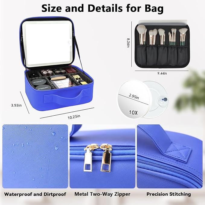 Travel Makeup Bag with LED Mirror and 10x magnifying glass with 3 Lighted - Image 5