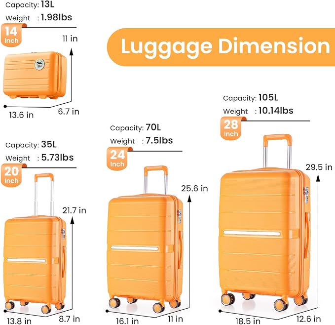 Campfun Luggage 4 Piece Sets, Expandable Carry On Luggage Set Hardshell PP - Image 7