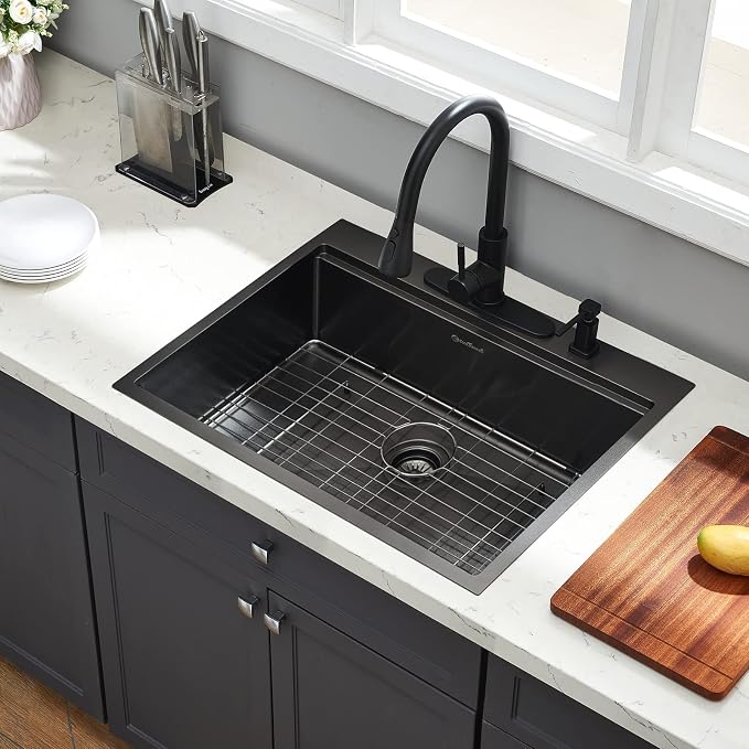 25 Kitchen Sink Drop-In Workstation, 25 x 22 Inch Gunmetal Black Stainless - Image 3