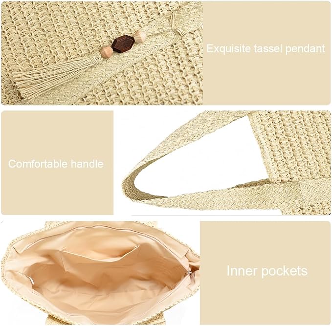 Straw Beach Bags for Women Woven Beach Tote Bag Casual Boho Large Shoulder - Image 6