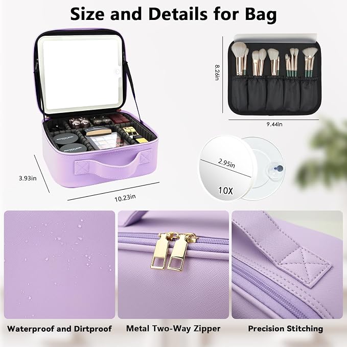 Travel Makeup Bag with LED Mirror and 10x magnifying glass with 3 Lighted - Image 5