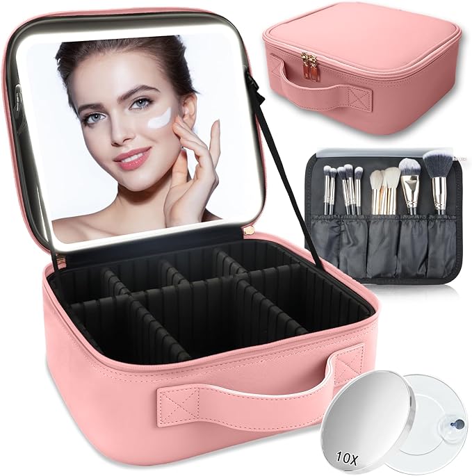 Makeup Bag with Led Mirror, Travel Makeup Organizer with 3 Color Setting & 10X by SUILU