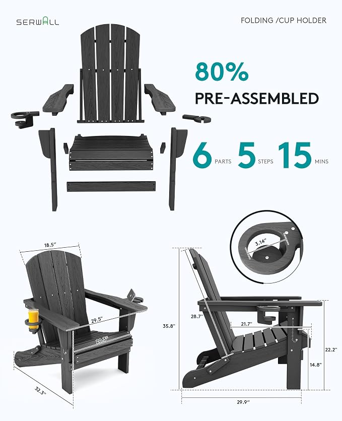 SERWALL Foldable Adirondack Chair Set of 4, HDPE Adirondack Chair - Image 2