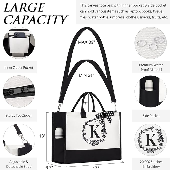 Personalized Christmas Gifts for Women, Initial Canvas Tote Bag & Makeup Bag - Image 6