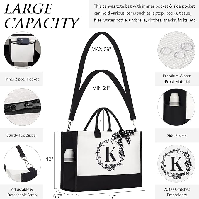 Personalized Christmas Gifts for Women, Initial Canvas Tote Bag & Makeup Bag - Image 6