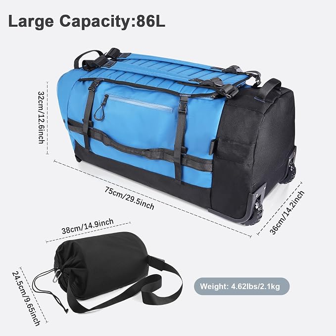 Rolling Duffle Bag with Wheels, 86L 30”Folding Duffle Backpack with 2 Wheels - Image 4