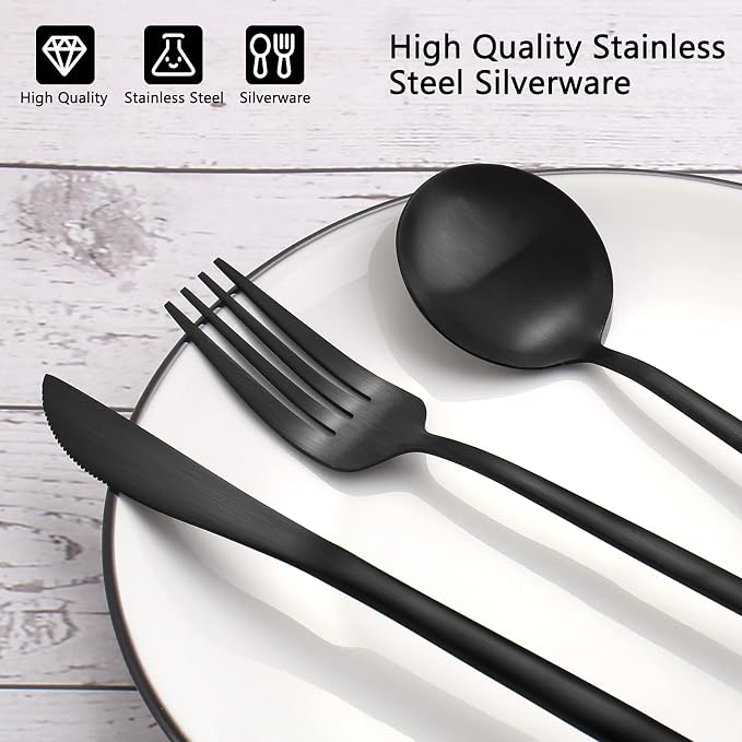 Matte Black Silverware Set, VANVRO 60-Piece Stainless Steel Flatware Set - Image 4
