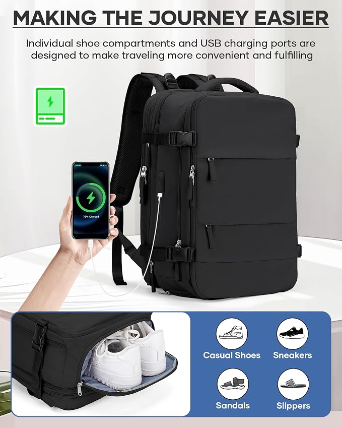 Black Vacuum Backpack With Vacuum Compression, Expanded Travel Laptop Backpacks - Image 7