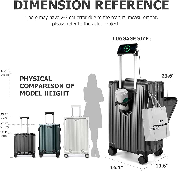 feilario 24in Aluminium Frame PC Hard Shell Spinner Wheels Luggage, Built-In - Image 3