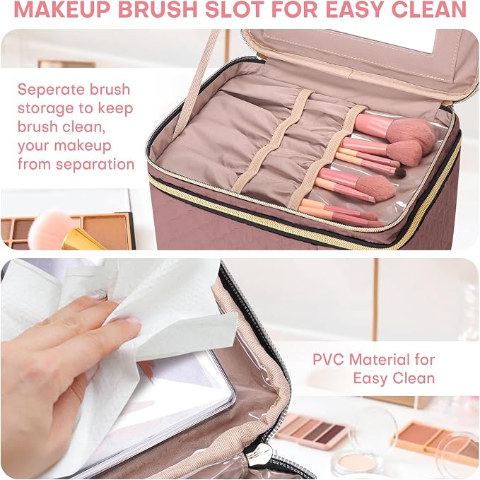 Large Makeup Bag with Mirror Double Layer Travel Make Up Organizer Case - Image 6