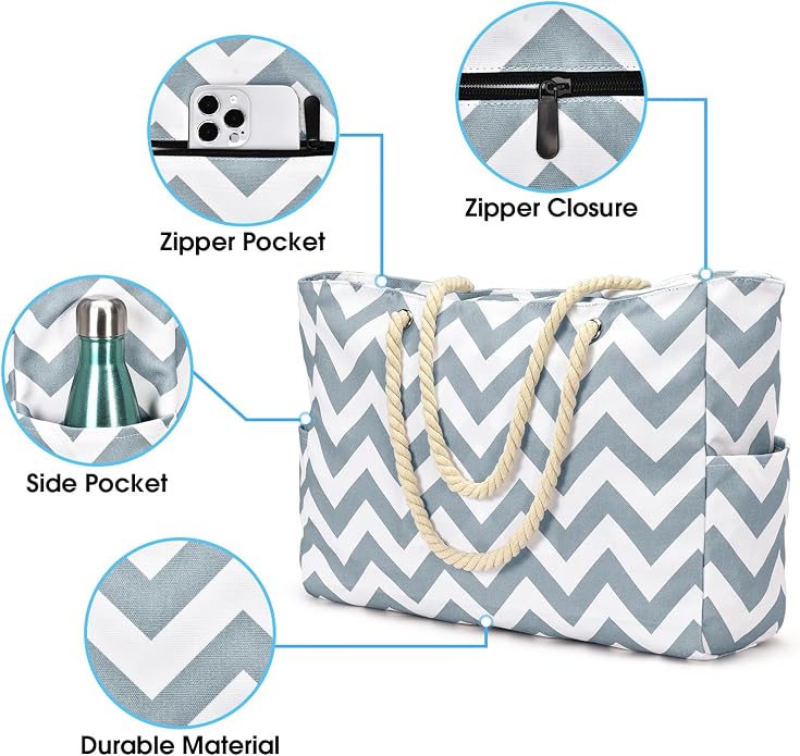 Becokan Beach Bags for Women Large Waterproof Beach Tote Bag Zipper Beach Bags - Image 2