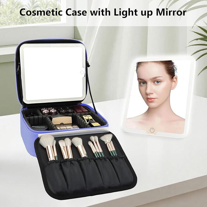 Travel Makeup Bag with LED Mirror Travel Makeup Organizer with 3 Lighted - Image 3