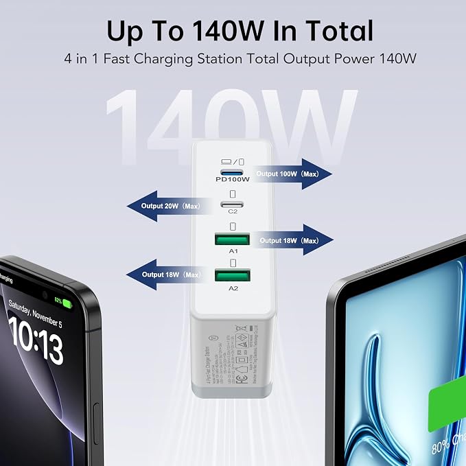 140W Mac Book Pro Charger, 4 Port Flat Charging Station - Image 2